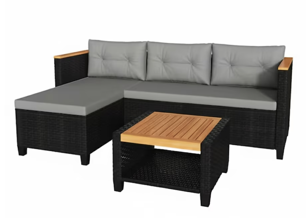 NEW Mondawe 3-Piece L-Shaped Wicker Set with Gray Cushions and Acacia Wood Storage Table Gray
