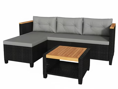 NEW Mondawe 3-Piece L-Shaped Wicker Set with Gray Cushions and Acacia Wood Storage Table Gray