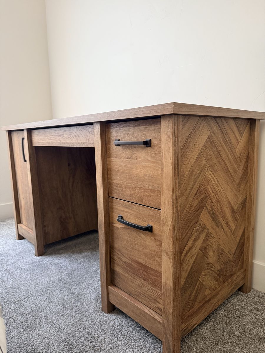 Herringbone Woodgrain Desk with 2 Drawers & Cabinet - Spacious Home Office Furniture