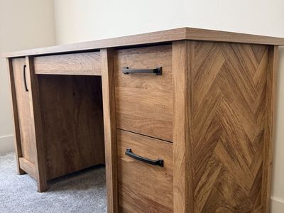 Herringbone Woodgrain Desk with 2 Drawers & Cabinet - Spacious Home Office Furniture