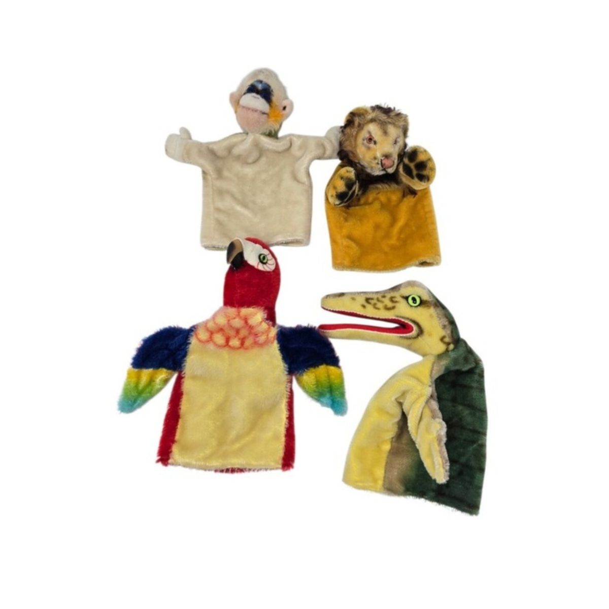Vintage Steiff Mohair Four Hand Puppet Bundle Alligator Parrot Monkey Lion
