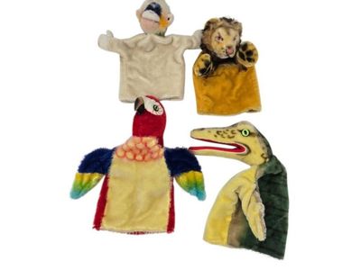 Vintage Steiff Mohair Four Hand Puppet Bundle Alligator Parrot Monkey Lion