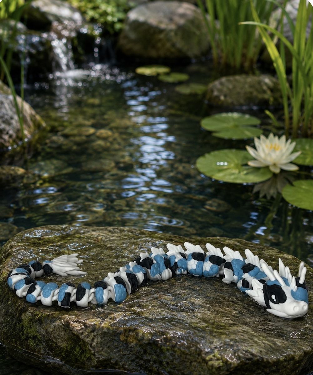 Articulated Koi Dragon Fidget Toy - Glow in the dark Blue, Black, and White