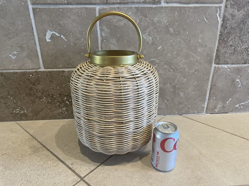 New Woven Cane Lantern W/ Gold Metal Handle
