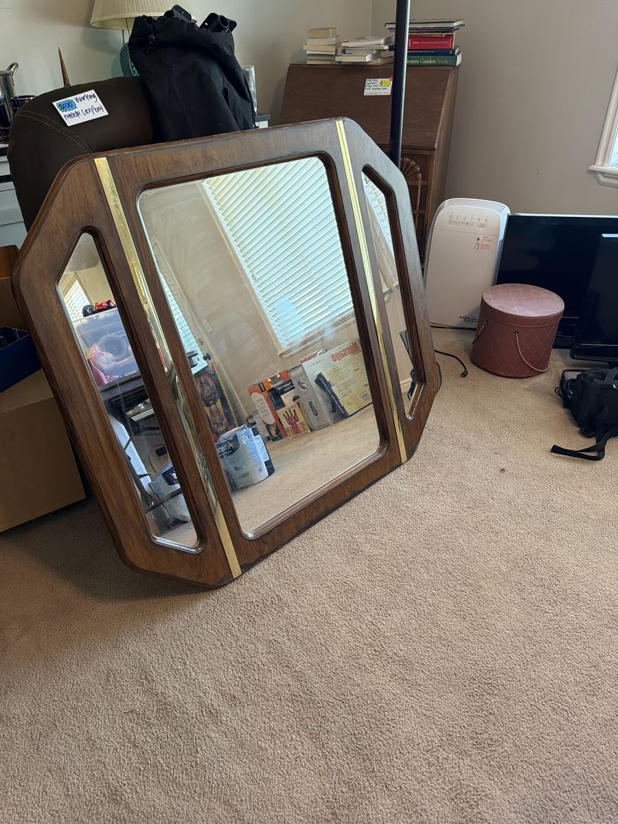 Vintage Octagonal Tri-Fold Wood & Brass Vanity Mirror