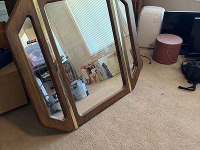 Vintage Octagonal Tri-Fold Wood & Brass Vanity Mirror