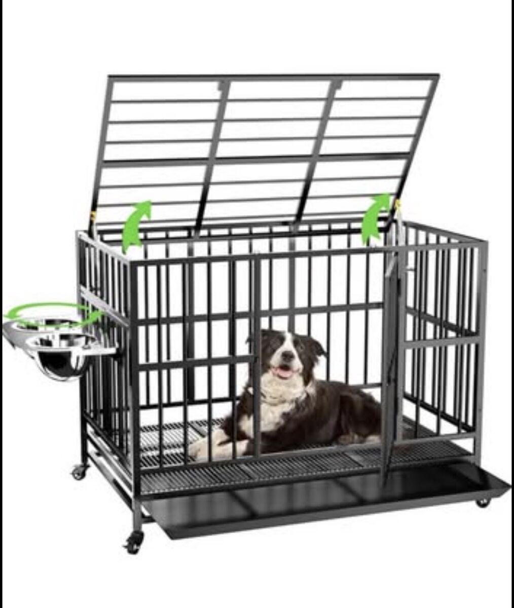 New Heavy Duty Dog Crate with Unique Air Lift Rod/Wheels/ 360° & Adjustable 2 Bowls
