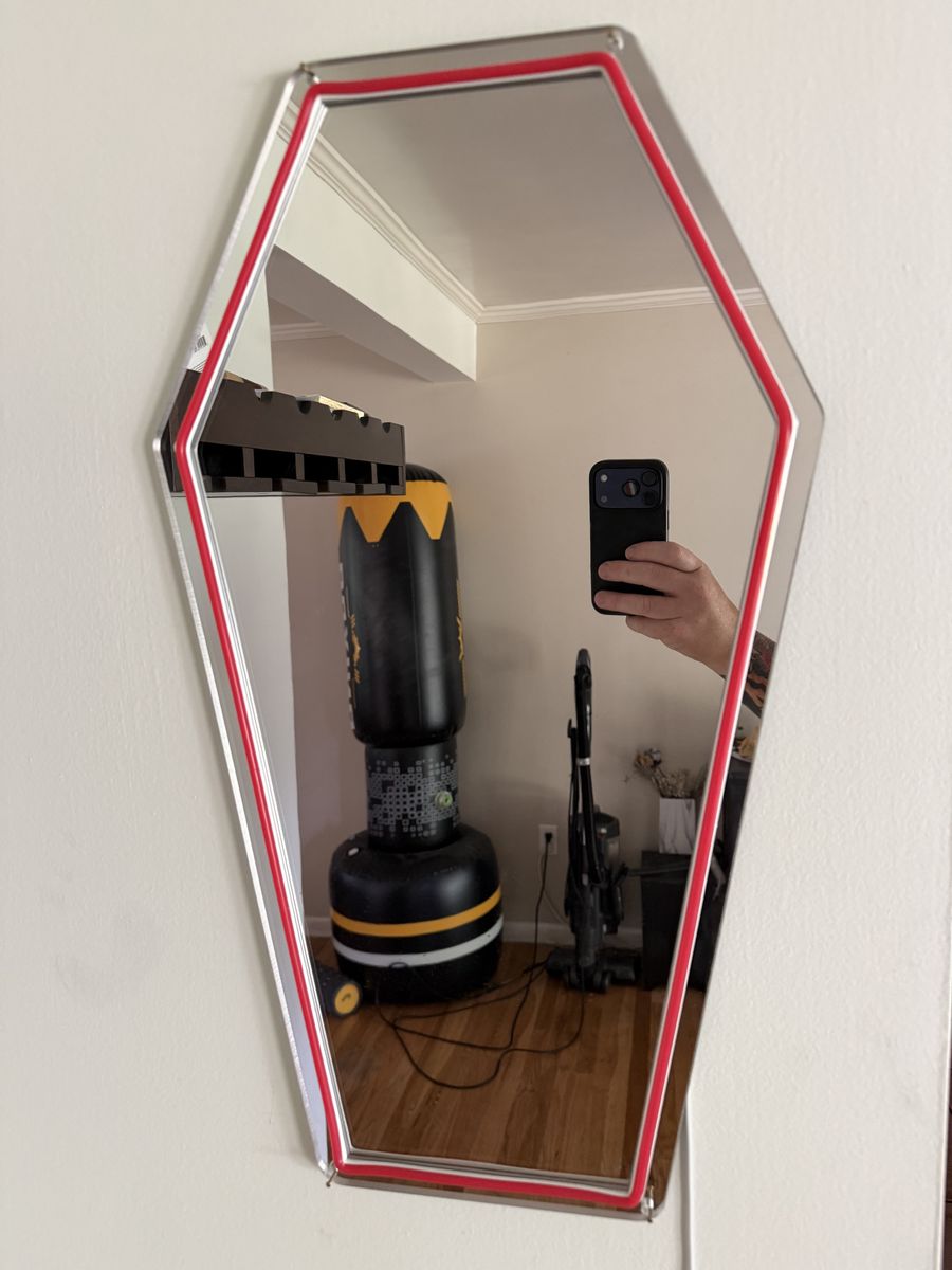Spooky Coffin-Shaped Mirror with Red Trim - Unique Halloween Decor or Goth Home Accent