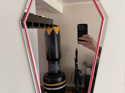 Spooky Coffin-Shaped Mirror with Red Trim - Unique Halloween Decor or Goth Home Accent