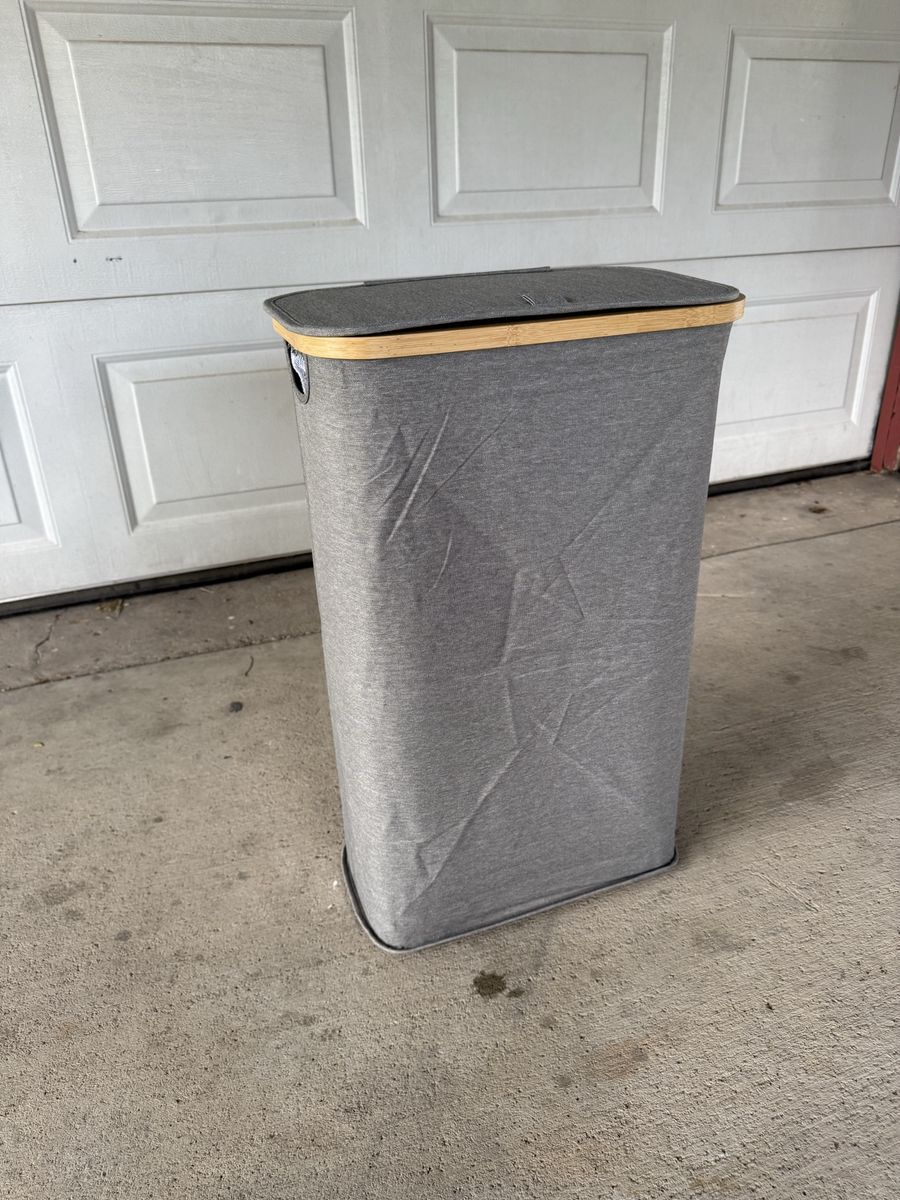 Gray Fabric Laundry Hamper with Bamboo Rim and Lid