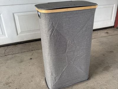 Gray Fabric Laundry Hamper with Bamboo Rim and Lid