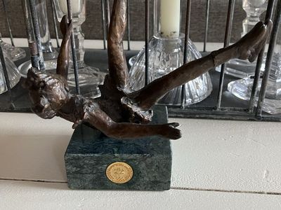 2002 SLC Olympic Bronze Ice Skater fine art signed sculpture by Dennis Smith. “Falling”. Limited edition.