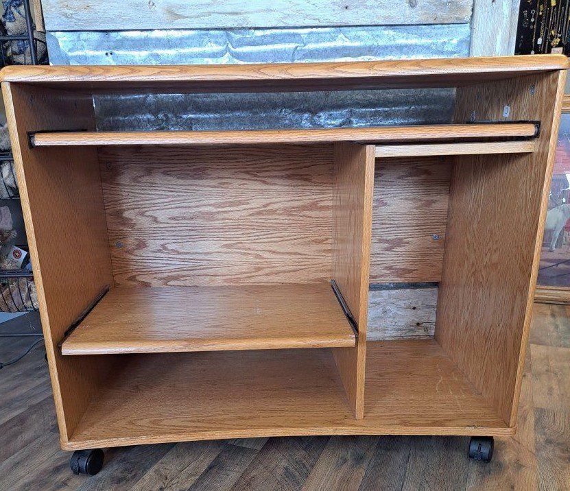 Vintage Solid Oak Rolling TV Stand, Media Console, Computer Desk, Desk, Cart with Storage Shelves