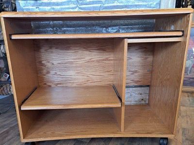 Vintage Solid Oak Rolling TV Stand, Media Console, Computer Desk, Desk, Cart with Storage Shelves