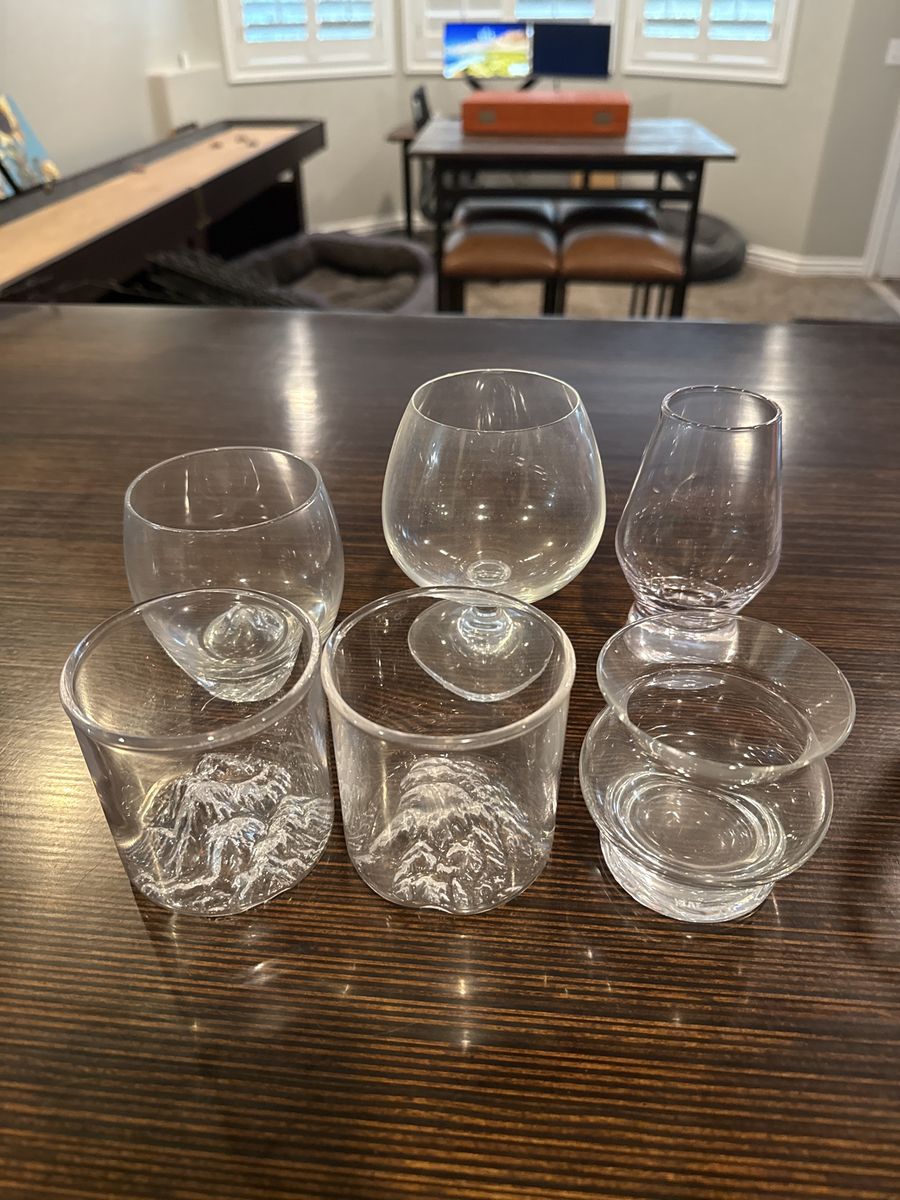 Assorted Clear Whiskey Glassware Collection - 6 Pieces, Stemmed & Stemless, Unique Mountain Base Tumblers