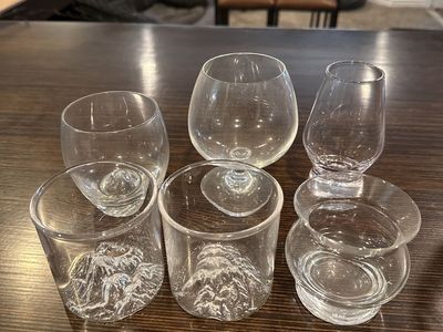 Assorted Clear Whiskey Glassware Collection - 6 Pieces, Stemmed & Stemless, Unique Mountain Base Tumblers