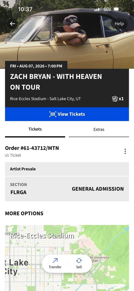 Zach Bryan - With Heaven On Tour - 1 General Admission Ticket (FLRGA) - Aug 7, 2026