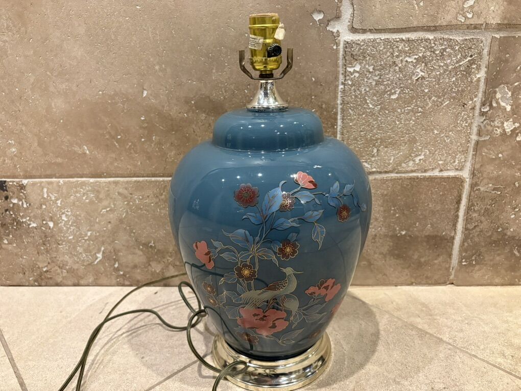 Vintage Blue Ginger Jar Table Lamp W/ Flowers