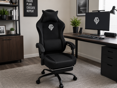 NEW! Gaming Chair Fabric Computer Office Chair w/Footrest, Reclining Heavy Duty – Black