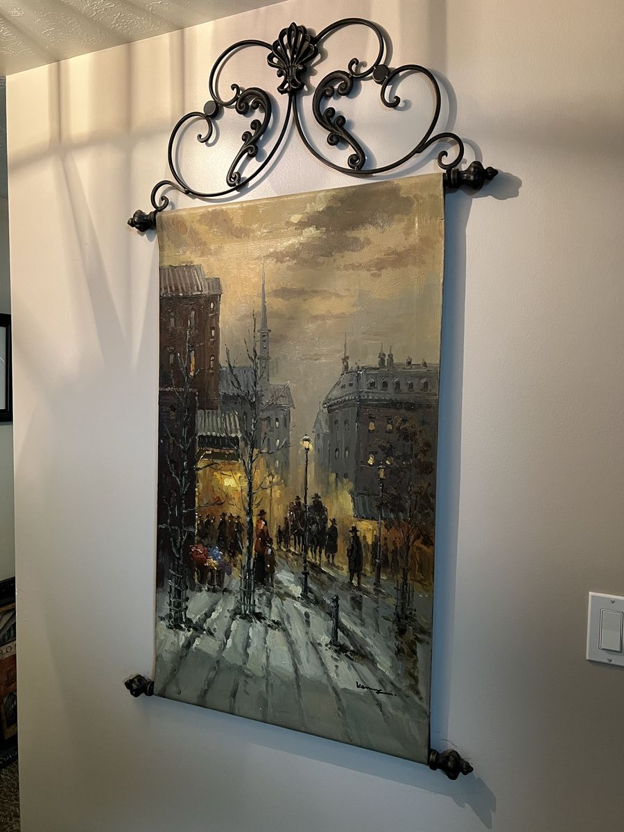Wrought Iron Wall Hanging Tapestry - Parisian Winter Scene Art Scroll