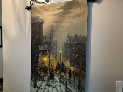 Wrought Iron Wall Hanging Tapestry - Parisian Winter Scene Art Scroll