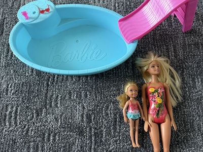 Barbie Doll Pool Party Set w/ 2 Dolls & Slide - Blonde Hair, Pink Swimsuits