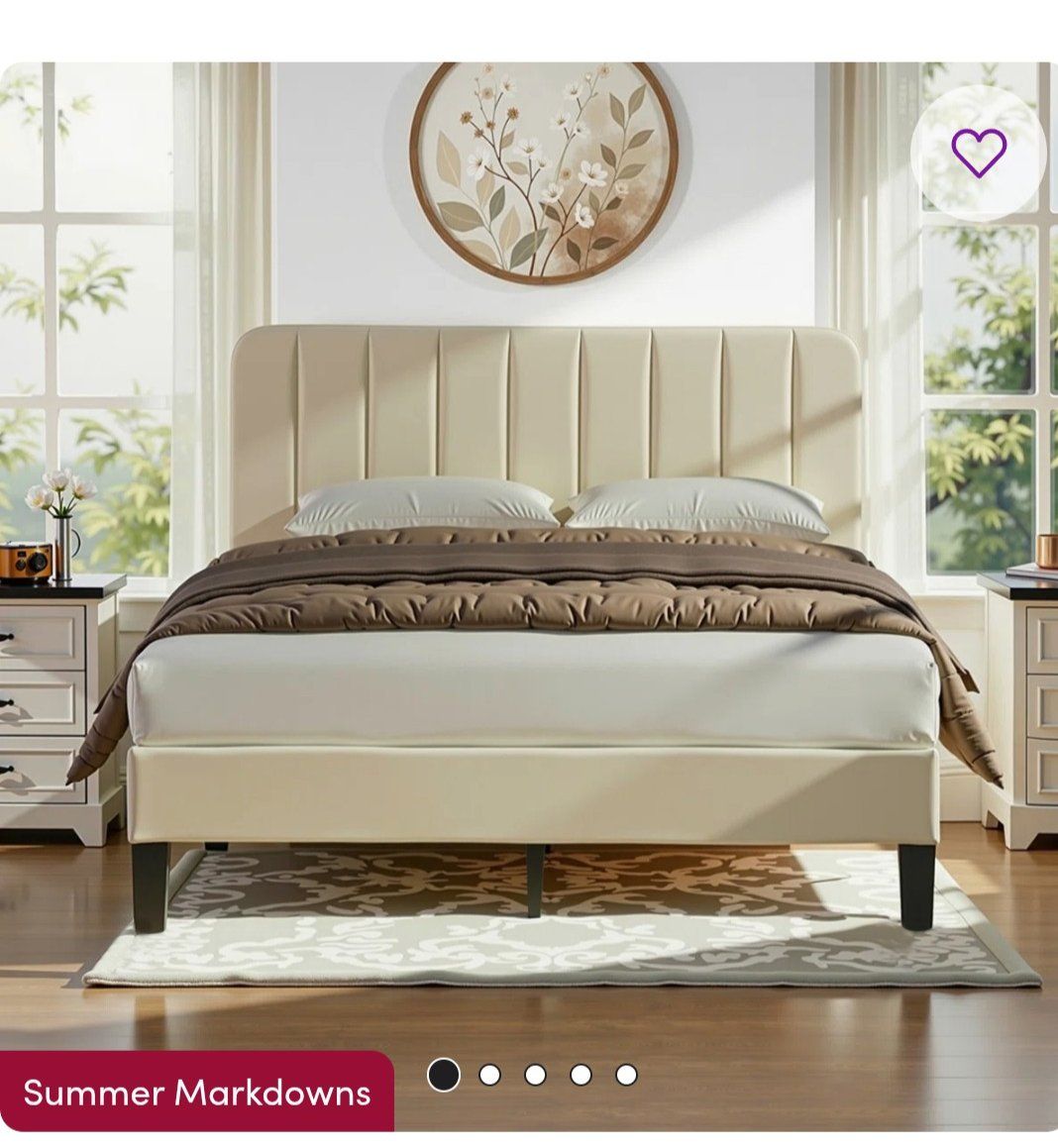 Upholstered Bed Frame with Vertical Channel Tufted Headboard - Cream
