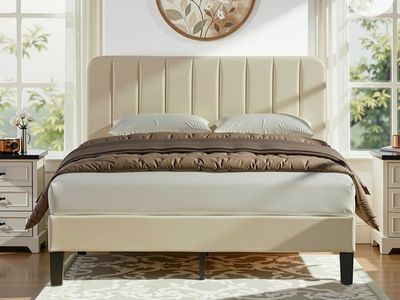Upholstered Bed Frame with Vertical Channel Tufted Headboard - Cream