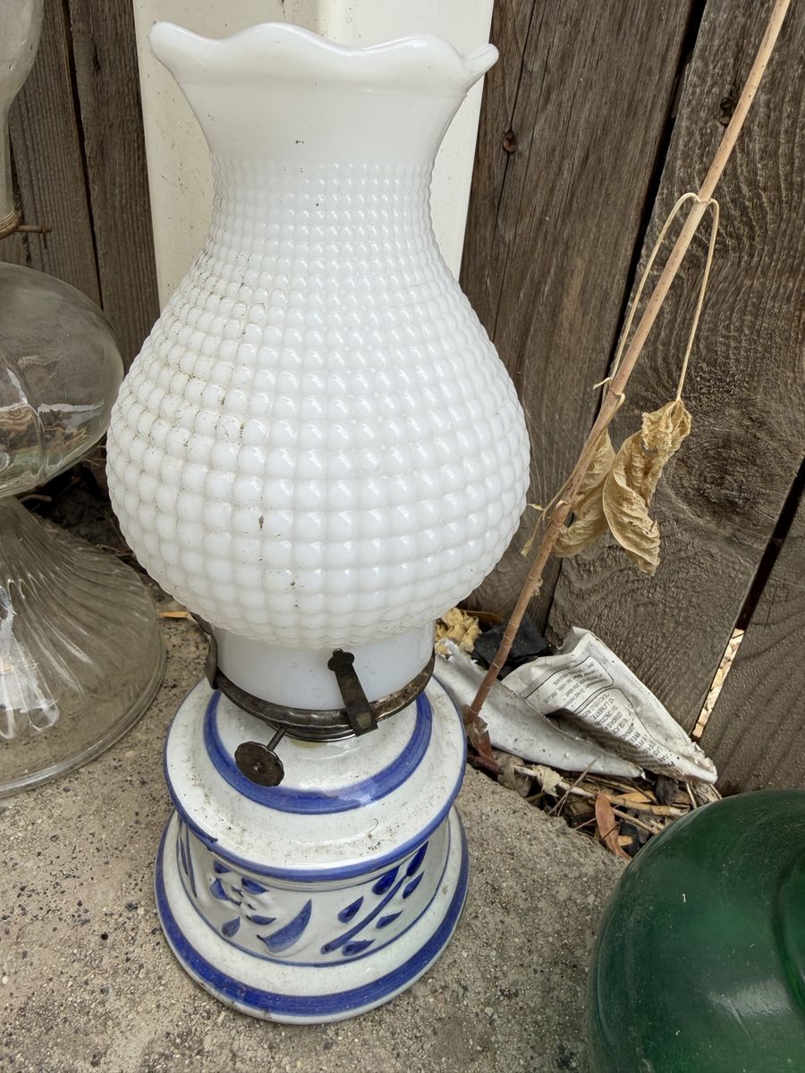 Vintage Ceramic Oil Lamp with White Hobnail Glass Shade