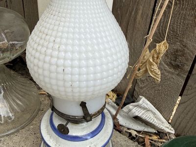 Vintage Ceramic Oil Lamp with White Hobnail Glass Shade