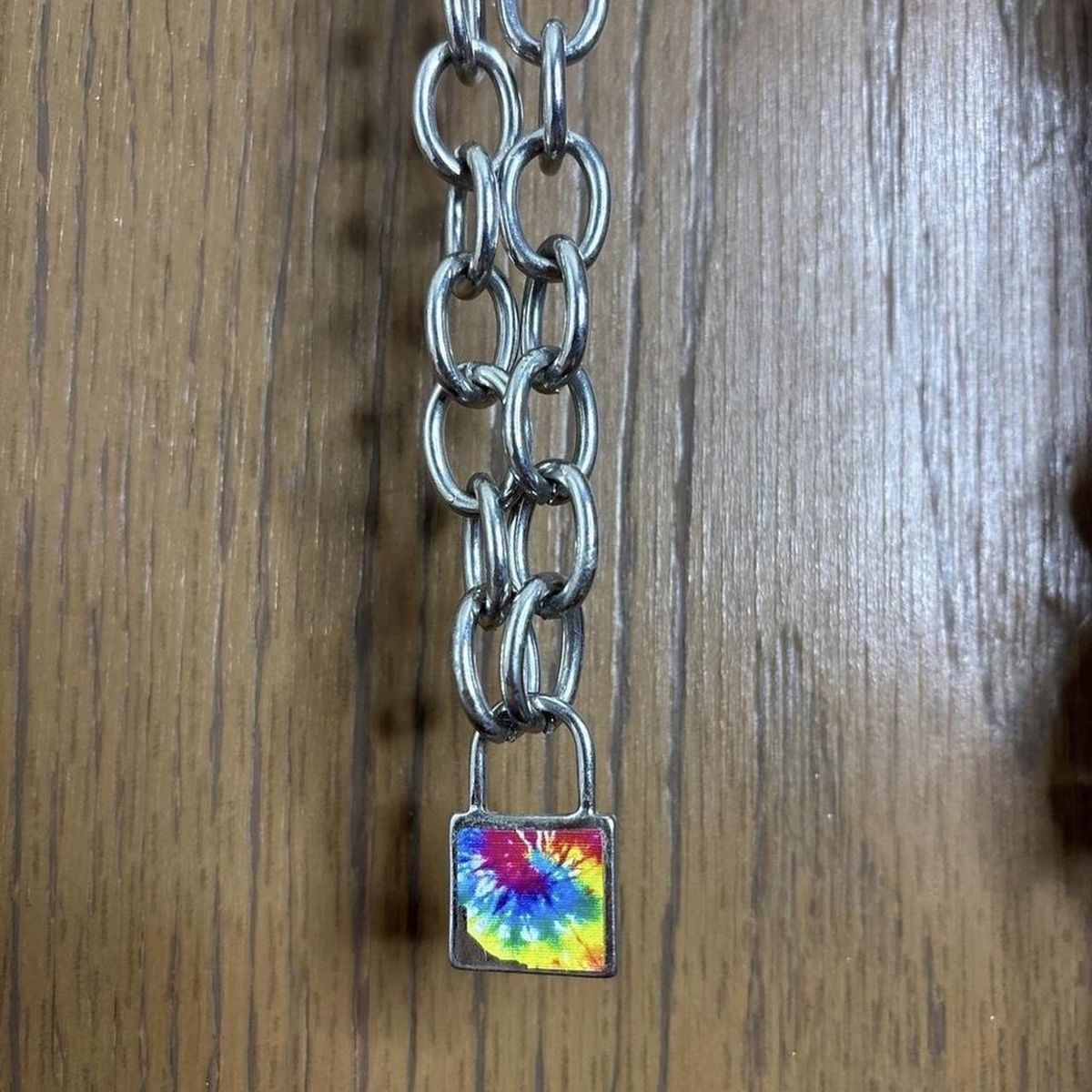 Silver-Tone Chain Necklace with Tie-Dye Padlock Pendant