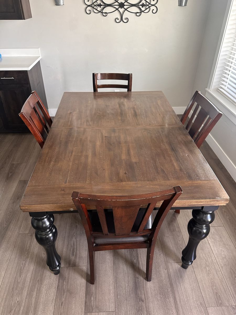 Farmhouse Style Wood Dining Table with 4 Chairs - Expandable Leaf, Dark Wood Finish 64”x42”