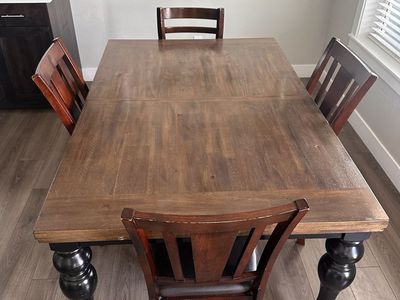 Farmhouse Style Wood Dining Table with 4 Chairs - Expandable Leaf, Dark Wood Finish 64”x42”
