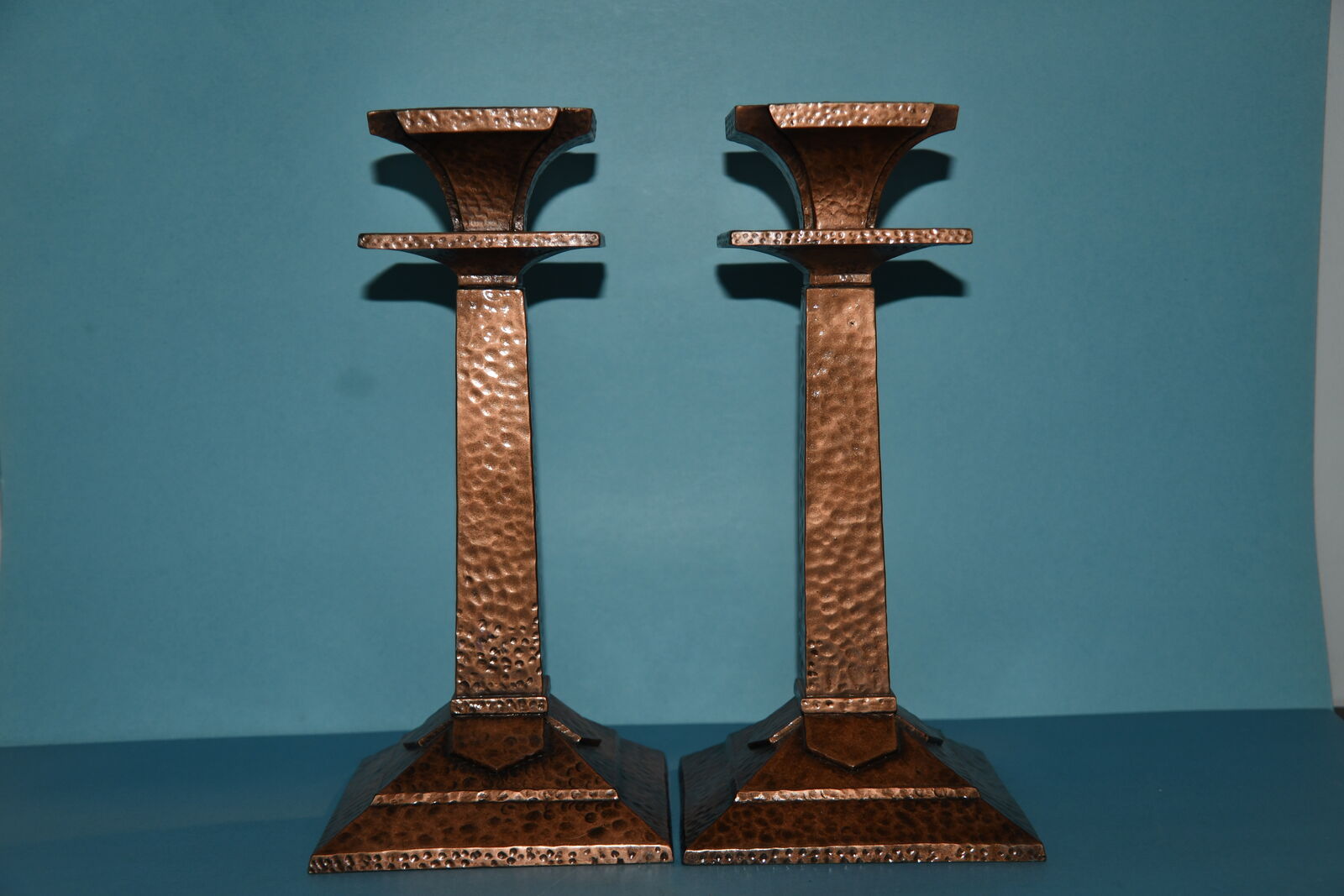 2 HAMMERED METAL CANDLE HOLDERS ~ HEIGHT 12" ~ HEAVY ~ QUALITY!