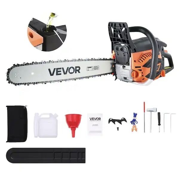 VEVOR 62 cc Gas Chainsaw, 20-in., 3.8 HP, Non-Slip Handle, Dual Fuel Tanks, for Wood Cutting, Tree Trimming, and Land Clearing