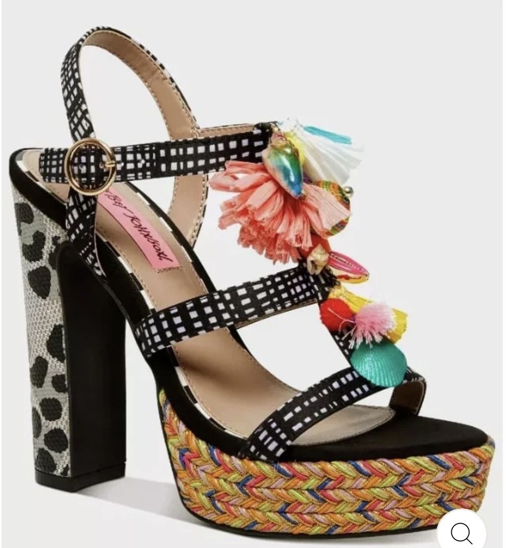 New. Betsey Johnson Black White Gingham Tassel Platform Heels Size 8.5