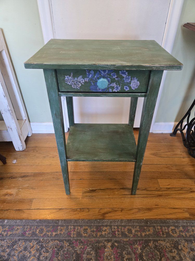 Hand-Painted Distressed Green Wood End Table with Floral Drawer Accent - Shabby Chic Side Table