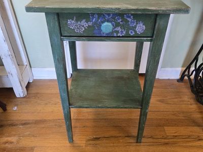 Hand-Painted Distressed Green Wood End Table with Floral Drawer Accent - Shabby Chic Side Table
