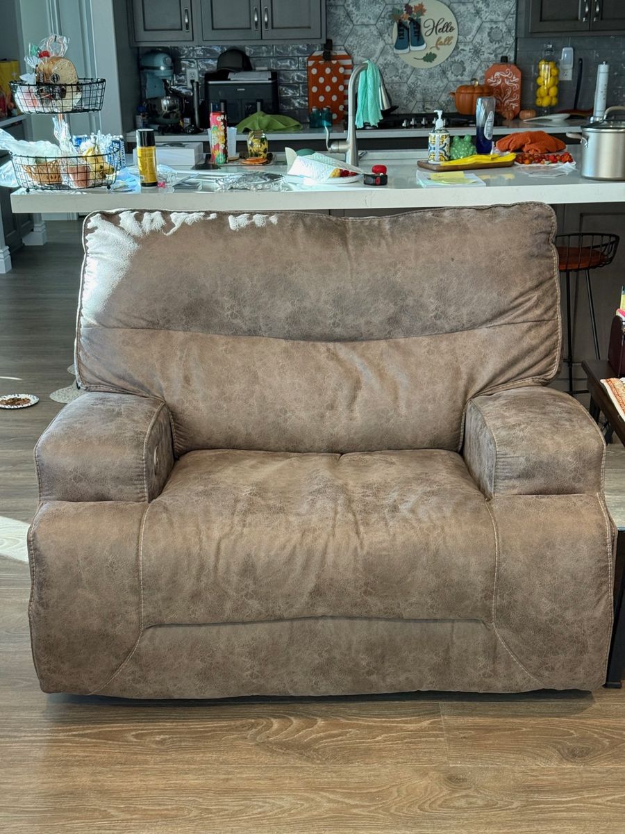 Power reclining couch, two chairs and two solid wood end tables