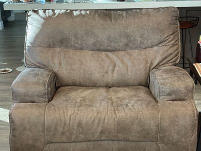 Power reclining couch, two chairs and two solid wood end tables