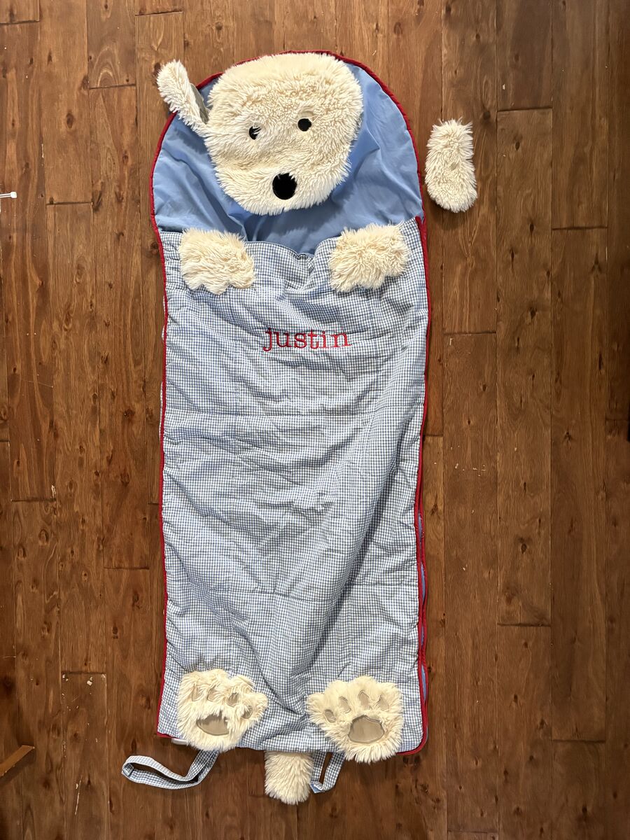 Pottery Barn Kids-monogrammed “Justin”Gingham puppy Sleeping Bag