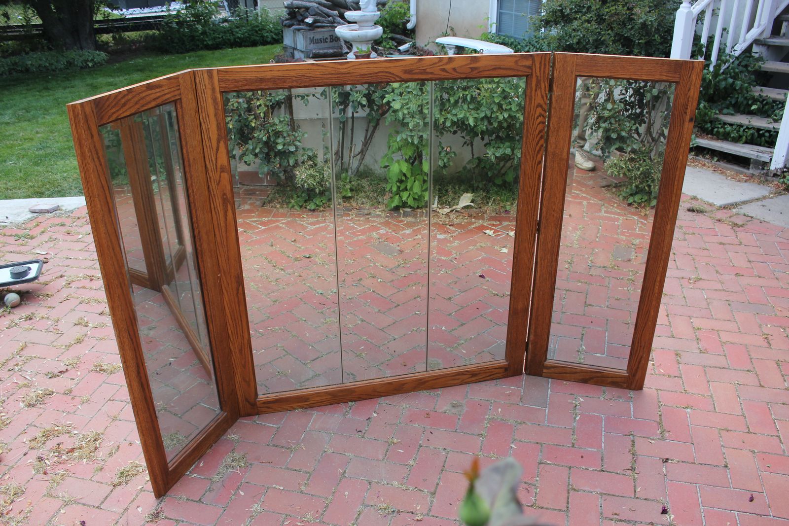 Oak Tri-Fold Large Mirror and Oak Headboard