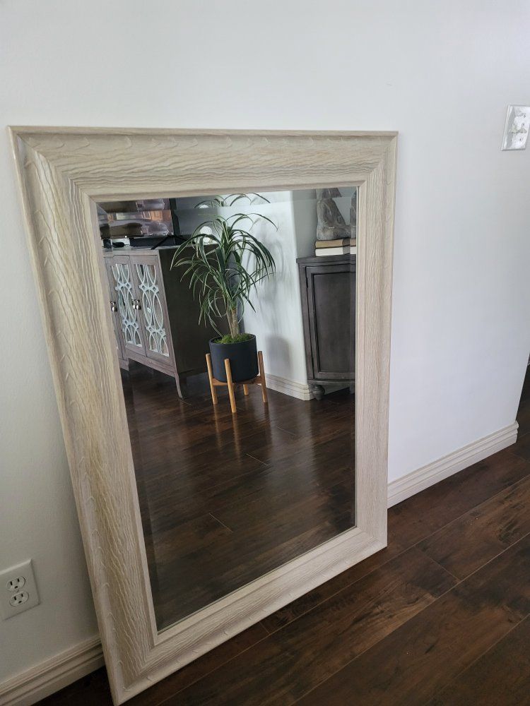 Large Wall Mirror with Light Wood-Grain Textured Frame