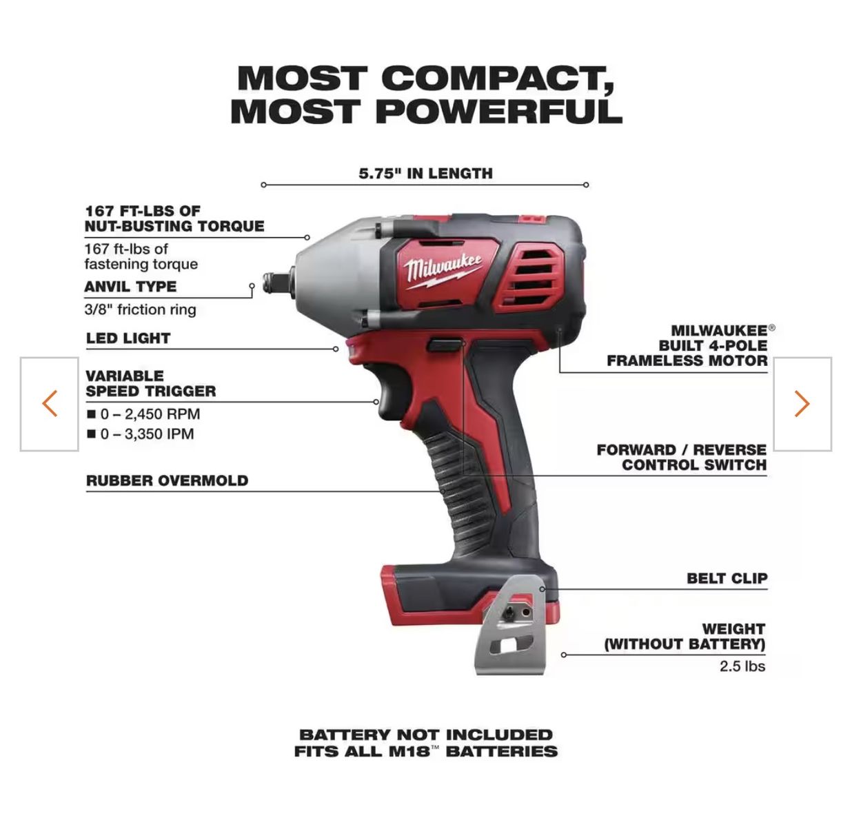 Milwaukee M18 3/8-Inch Compact Impact Wrench Tool Only (Model 2658-20)