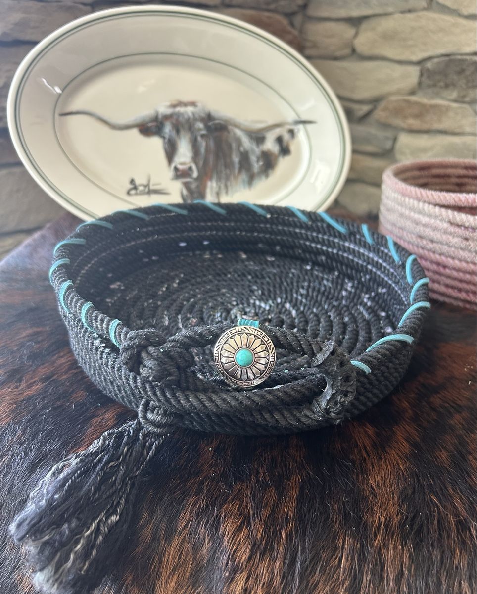 Handmade Black & Turquoise Rope Bowl with Concho Accent - Western Decor