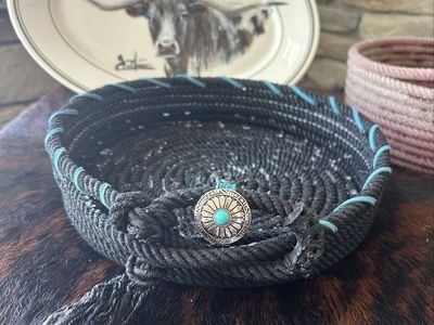 Handmade Black & Turquoise Rope Bowl with Concho Accent - Western Decor