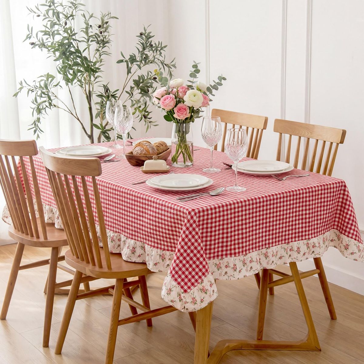 New! 52 x 70 Inch Red White Plaid Ruffled Table Cloth Rectangle Cotton Gingham Floral Trim Tablecloth Vintage Farmhouse