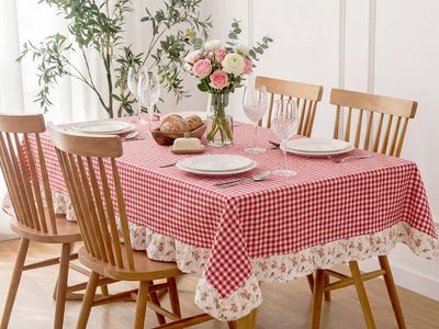 New! 52 x 70 Inch Red White Plaid Ruffled Table Cloth Rectangle Cotton Gingham Floral Trim Tablecloth Vintage Farmhouse