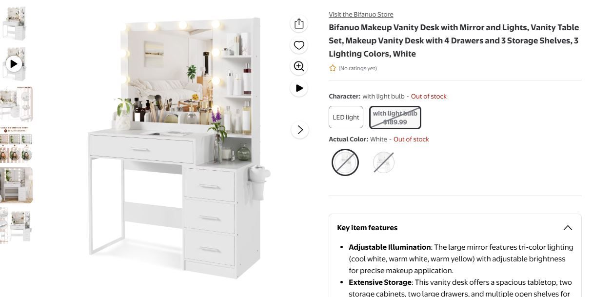 White Makeup Vanity Desk with Mirror, Lights, 4 Drawers & 3 Shelves