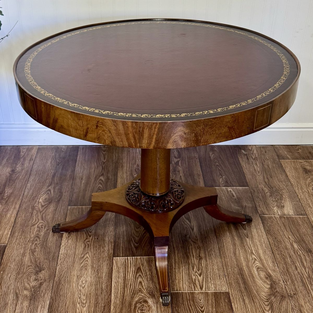 Vintage Regency-Style Drum Table with Leather Top